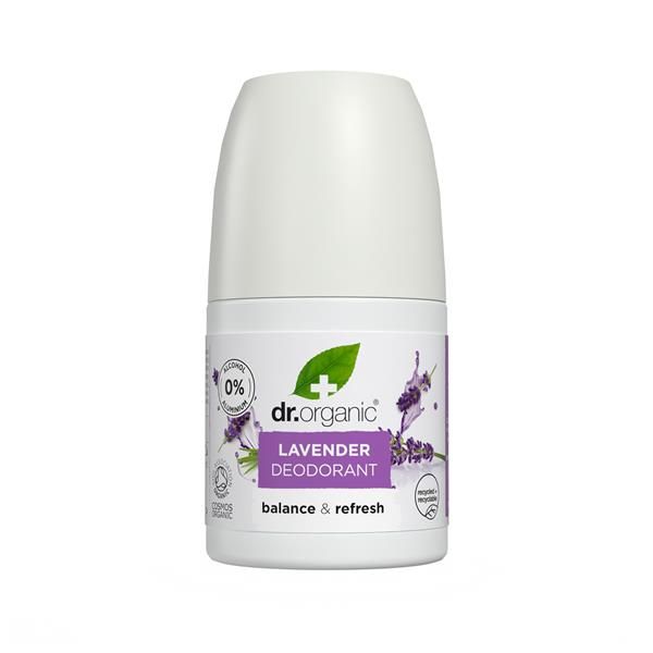 Desodorizante Alfazema Bio Dr. Organic em embalagem roll-on branca de 50 ml, com rótulo de alfazema.