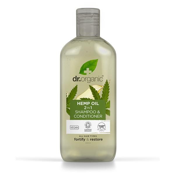Frasco verde-escuro de Champô e Amaciador 2 em 1 com Óleo de Cânhamo Bio Dr. Organic, 265 ml, com tampa transparente e rótulo frontal.