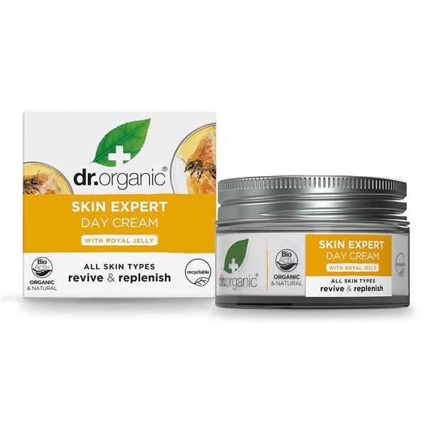 Creme de Dia Geleia Real Bio Dr. Organic, apresentado em boião aberto e caixa branca e amarela, 50 ml.
