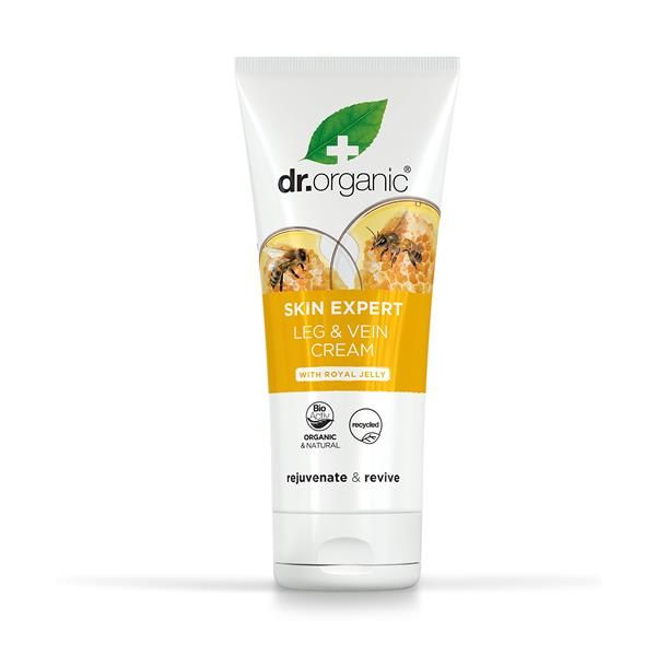 Bisnaga branca de creme para pernas com geleia real biológica, detalhe amarelo e imagem de abelha na embalagem, 200 ml.