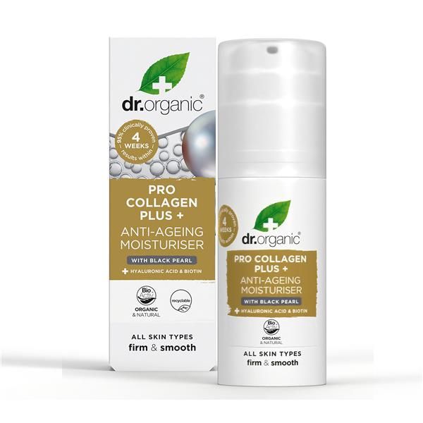 Creme Facial Black Pearl Colagénio Dr. Organic Pro Collagen Plus+ de 50 ml, com embalagem branca e frasco doseador branco.