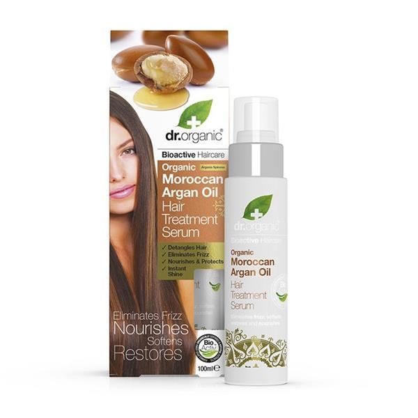 Sérum Capilar Óleo de Argão Bio Dr. Organic 100 ml em frasco branco com doseador, apresentado junto da caixa branca e dourada.