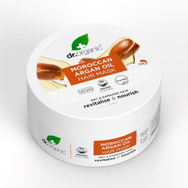 Cuidado Capilar Intensivo Óleo de Argão Bio Dr. Organic, embalagem de 200 ml com caixa e boião circular branco.