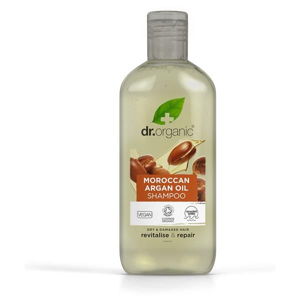 Frasco cilíndrico transparente âmbar de Champô Óleo de Argão Bio Dr. Organic, com tampa branca e rótulo laranja.