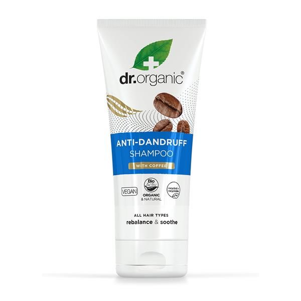 Champô Anti-Caspa Café Biológico Dr. Organic, embalagem em tubo branco de 200 ml com tampa castanha e rótulo verde.