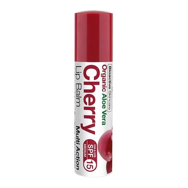 Bálsamo labial de aloé vera e cereja em stick branco, com tampa vermelha, indicação SPF 15 e imagem de cereja na embalagem.