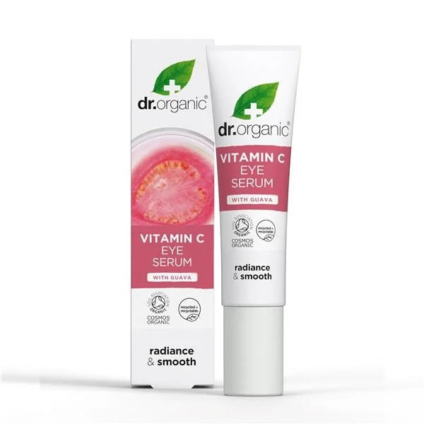 Sérum de olhos com goiaba bio e vitamina C, em tubo branco de 15 ml com caixa branca e rosa, apresentado de frente.