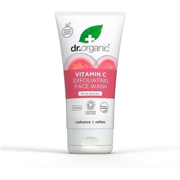 Esfoliante facial bio de goiaba em tubo branco de 150 ml, com detalhes em tons de rosa e ilustração de goiaba.