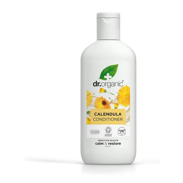 Frasco branco de Amaciador Calêndula Bio Dr. Organic, 265 ml, com tampa transparente e rótulo verde com flores de calêndula.