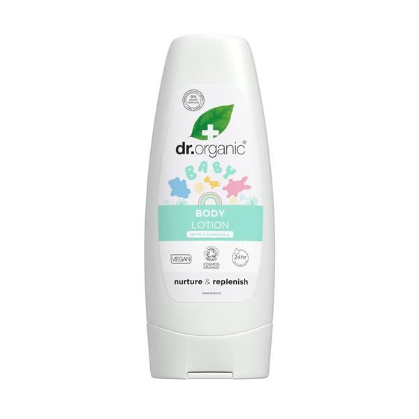 Loção Corporal Baby Calêndula Bio Dr. Organic 200 ml em bisnaga branca com tampa transparente, ilustrações coloridas e motivo de calêndula.