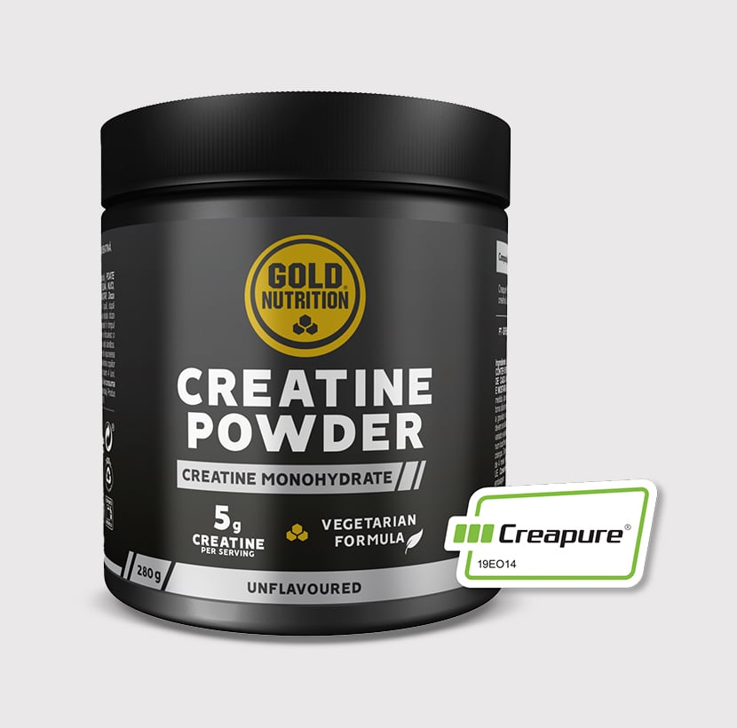 Creatine Powder GoldNutrition 280 g – creatina monoidrato Creapure® pura em pó solúvel, fórmula vegetariana para aumento de força e potência muscular.