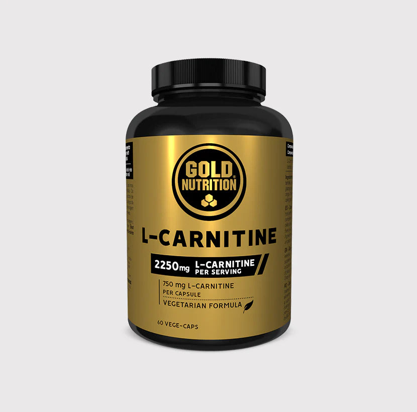 Frasco cilíndrico preto de L-Carnitine GoldNutrition, com tampa preta e rótulo dourado, contendo 60 cápsulas vegetais.