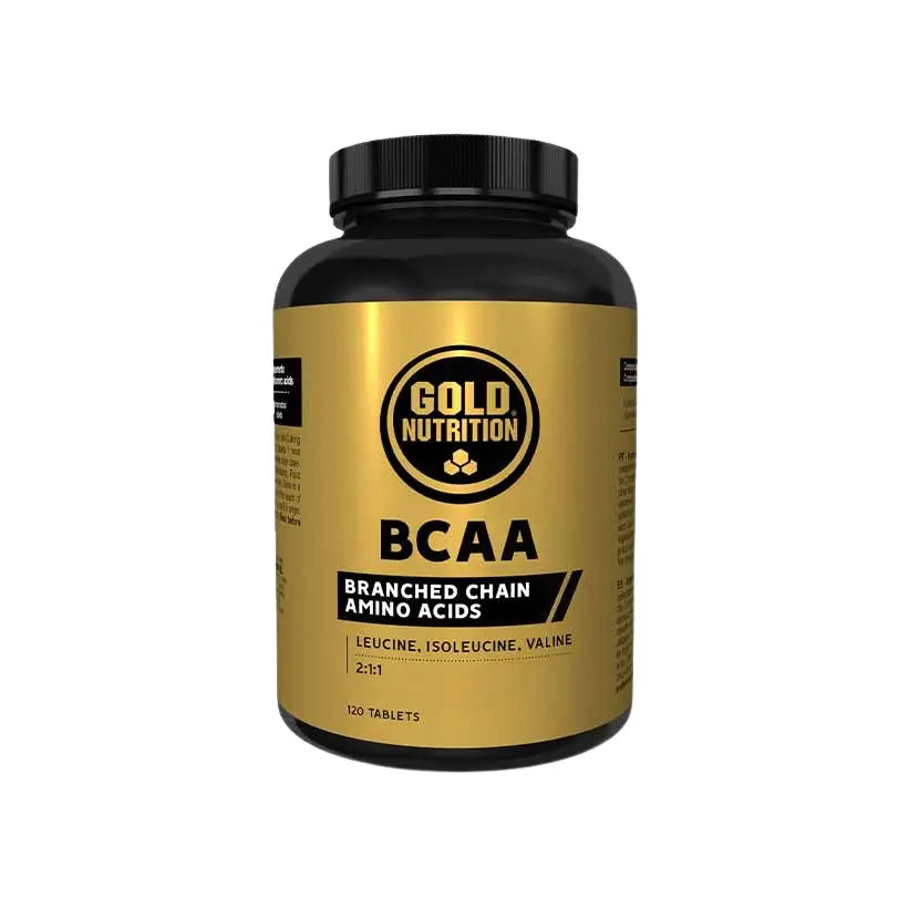 BCAA GoldNutrition 120 comprimidos com aminoácidos de cadeia ramificada L-Leucina, L-Isoleucina e L-Valina na proporção 2:1:1.
