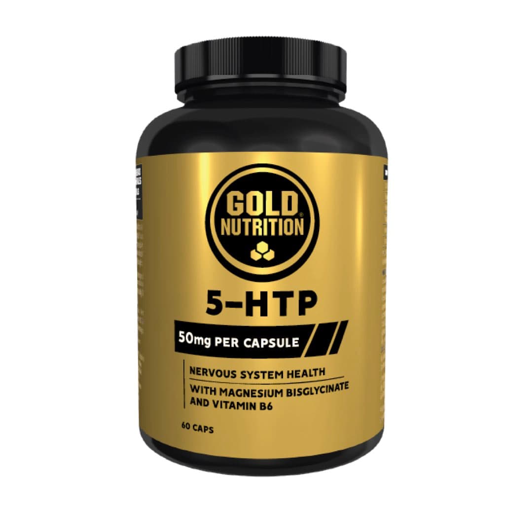 Frasco preto com rotulo dourado do produto 5-HTP da marca Gold Nutrition