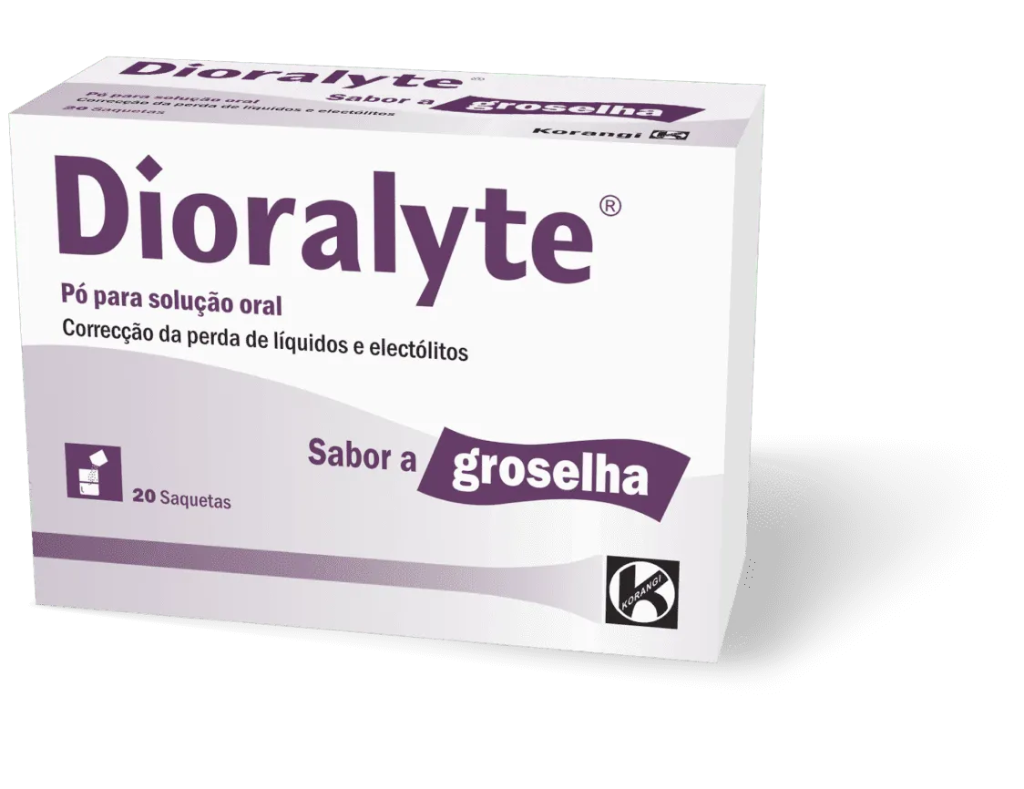 Embalagem de Dioralyte pó para solução oral sabor groselha, 20 saquetas, para reidratação e equilíbrio eletrolítico em diarreia e vómitos.