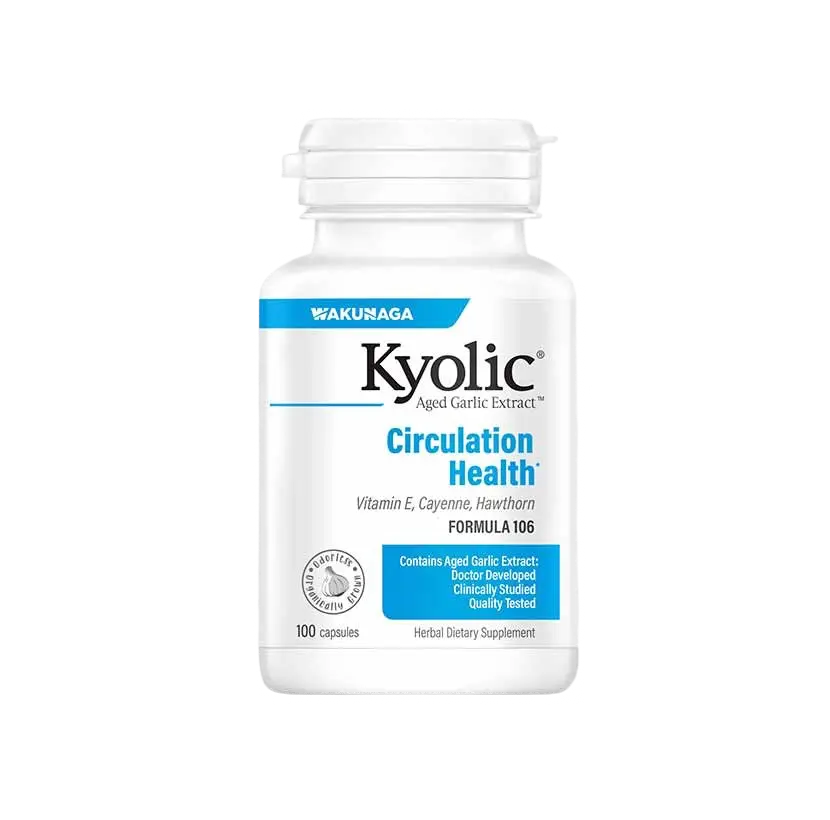Frasco de suplemento Kyolic Fórmula 106 Circulation Health, com extrato de alho envelhecido, vitamina E, espinheiro-alvar e pimenta caiena – 100 cápsulas.