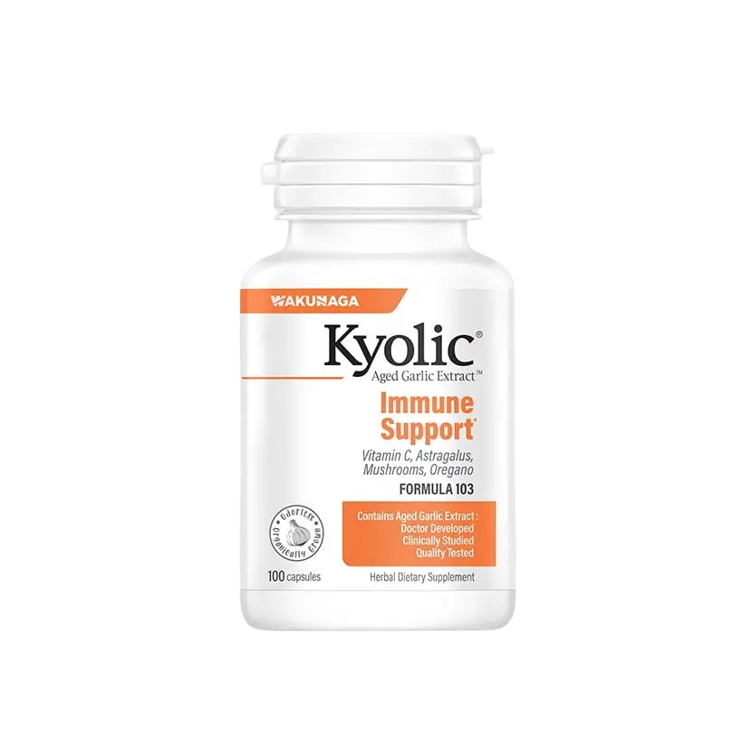 Frasco branco de Kyolic Immune Support, com rótulo branco e laranja, contendo 100 cápsulas.