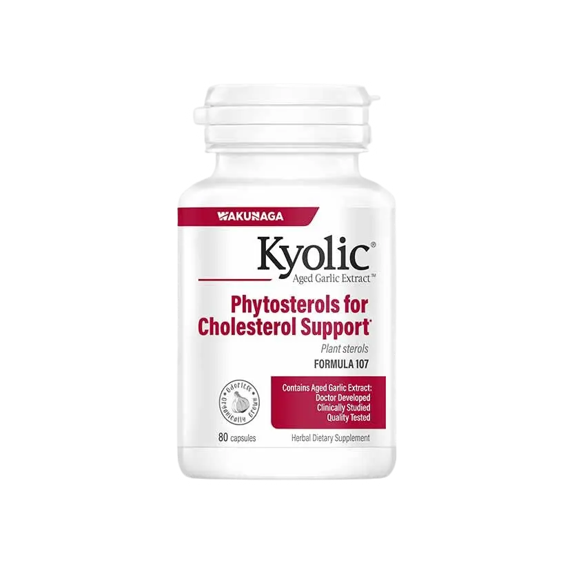 Frasco branco de Fórmula 107 Kyolic com 80 cápsulas, rótulo vermelho e branco com a indicação Phytosterols for Cholesterol Support.