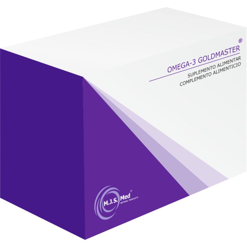 Embalagem branca e roxa de Omega-3 Goldmaster M.J.S. Med, suplemento alimentar em cápsulas moles.