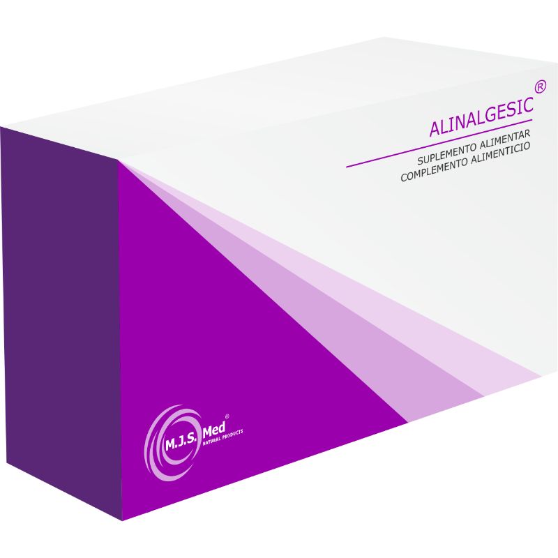 Alinalgesic - suplemento alimentar com Curcuma, Boswellia, Garra-do-Diabo e Gengibre – embalagem de 20 cápsulas.