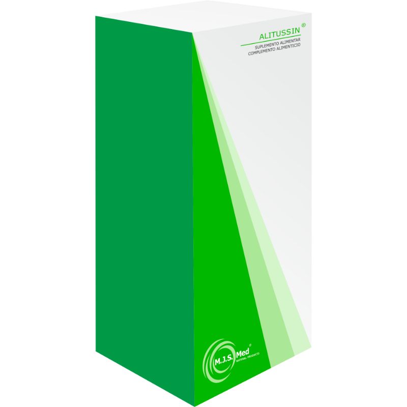 Embalagem de cartão branca e verde do suplemento alimentar ALITUSSIN® M.J.S. Med, frasco de 250 ml.