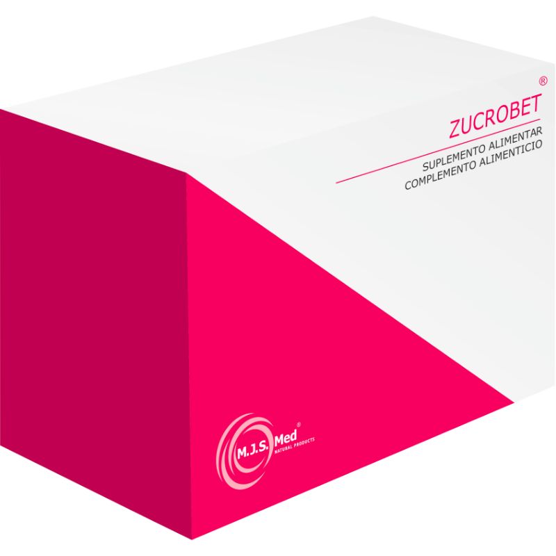 Embalagem branca e rosa de Zucrobet M.J.S. Med, suplemento alimentar, com 60 cápsulas.