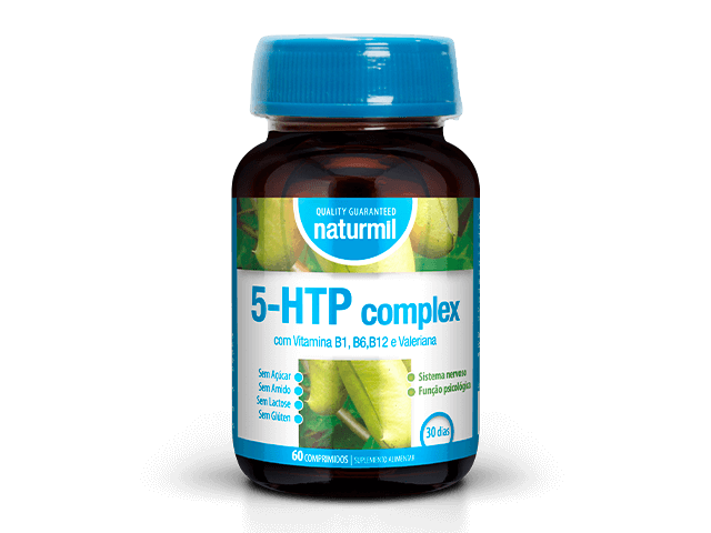 Frasco de vidro castanho com tampa e rótulo azul com informação 5-HTP complex da Naturmil