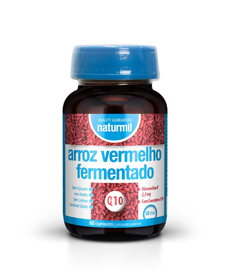 Frasco de suplemento alimentar Naturmil Arroz Vermelho Fermentado com 60 comprimidos. Rótulo destaca a presença de Monacolina K (2,5 mg), Coenzima Q10, e ausência de açúcar, amido, lactose e glúten. Tampa azul e fundo com grãos vermelhos.
