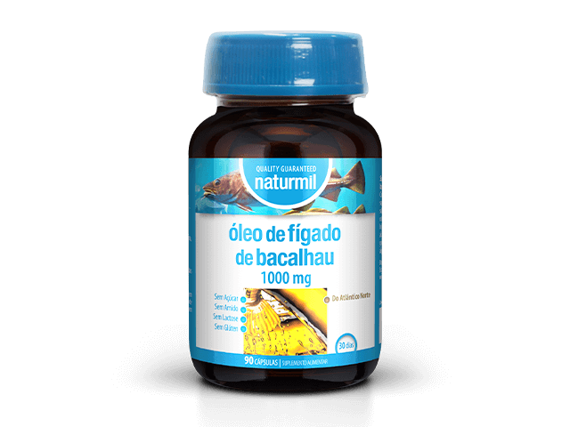 Frasco castanho de Óleo de Fígado de Bacalhau 1000 mg Naturmil, com tampa azul e 90 cápsulas.