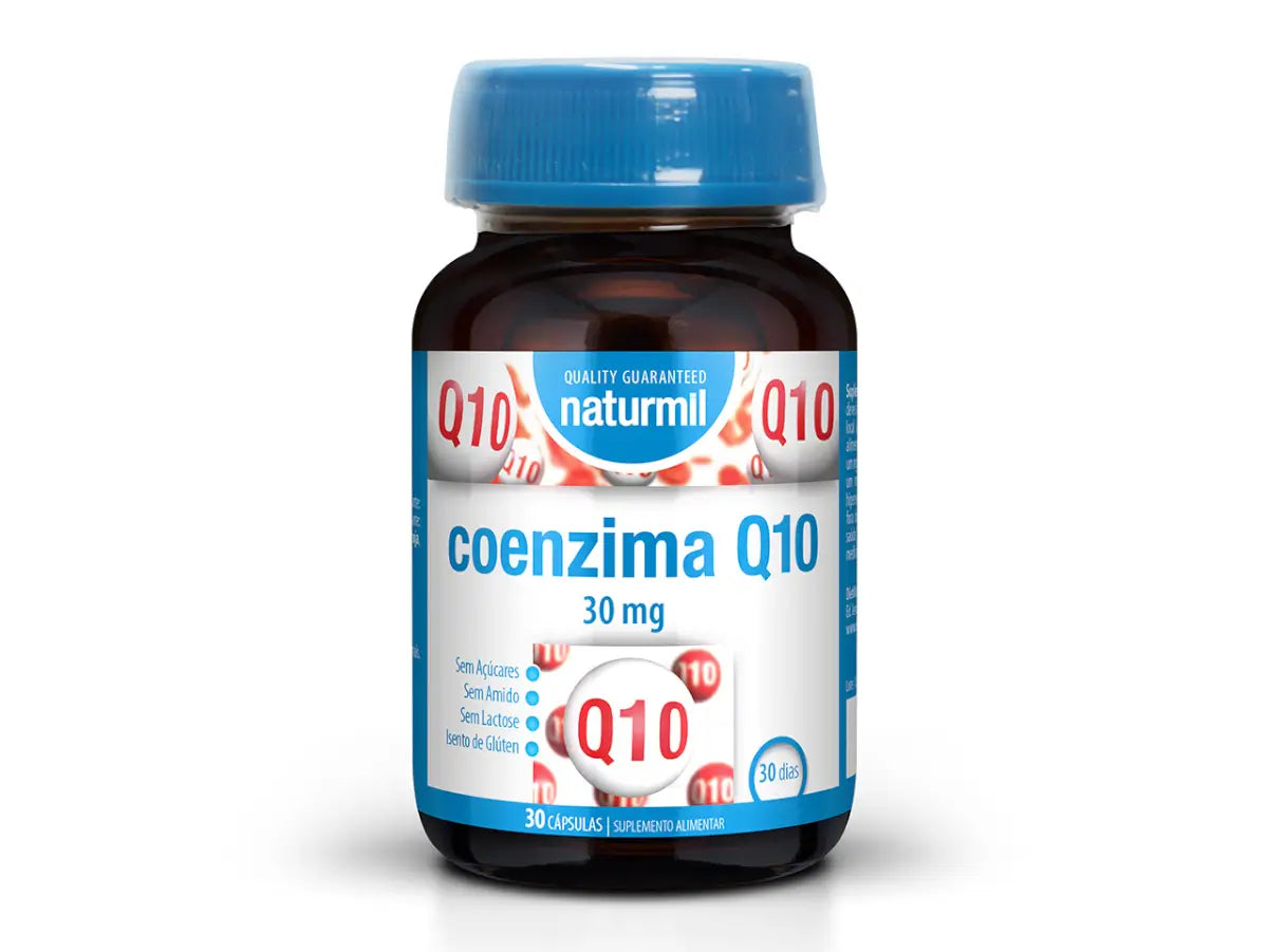 Frasco castanho de Coenzima Q10 30 mg Naturmil, com tampa azul e rótulo branco e azul, embalagem de 30 cápsulas.