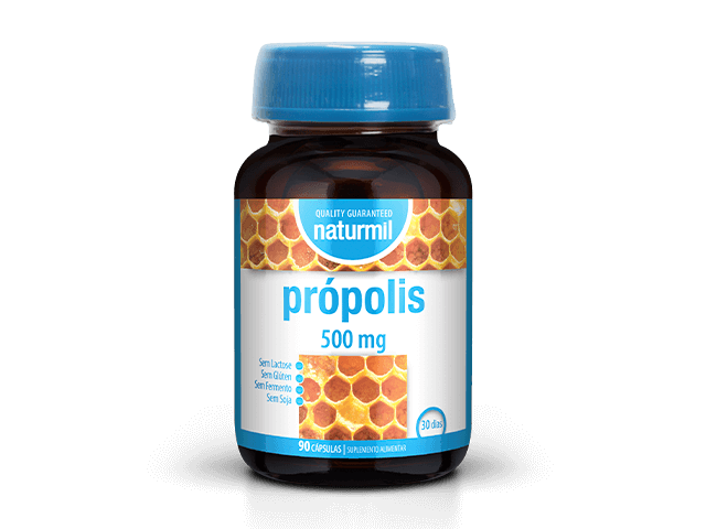 Frasco castanho de Própolis 500 mg Naturmil com tampa azul, contendo 90 cápsulas.
