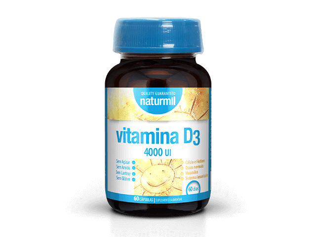 Frasco castanho de Vitamina D3 4000 U.I. Naturmil, com tampa azul e rótulo amarelo e azul, embalagem de 60 cápsulas.