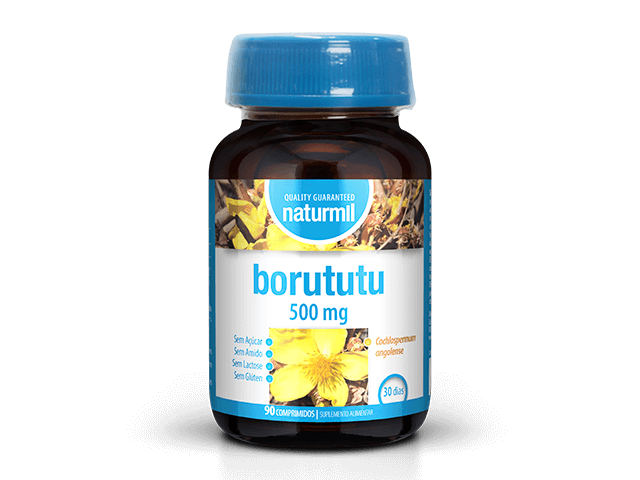 Borututu Naturmil 500 mg 90 comprimidos com Cochlospermum angolense para apoio tradicional ao fígado e vesícula biliar.