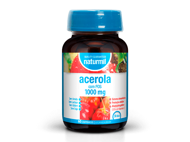 Frasco castanho de Acerola 1000 mg com FOS Naturmil, com tampa azul e rótulo branco, azul e vermelho, 60 comprimidos.