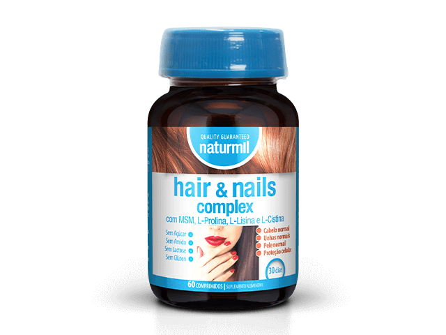 Frasco castanho de Hair & Nails Complex Naturmil com tampa azul e rótulo azul, branco e castanho, contendo 60 comprimidos.