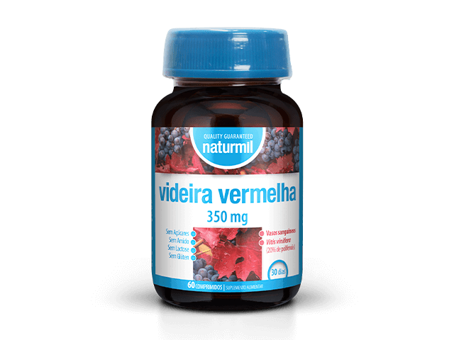 Frasco castanho de Videira Vermelha Naturmil 350 mg, com tampa azul e rótulo azul e branco, contendo 60 comprimidos.