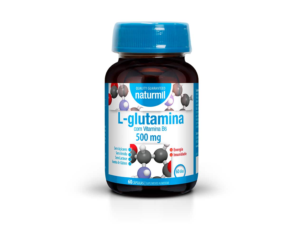 Frasco Naturmil L-Glutamina com Vitamina B6 500 mg, 60 cápsulas