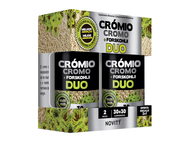 Embalagem Crómio + Forskohlii DUO Novity, com dois frascos de comprimidos e indicação 30+30 comprimidos.