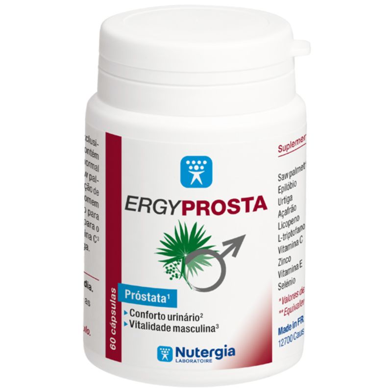 Boião branco ERGYPROSTA Nutergia com tampa branca, rótulo branco e vermelho e indicação de 60 cápsulas.