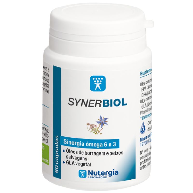 Boião branco de SYNERBIOL Nutergia com 60 cápsulas, rótulo azul e branco com indicação de sinergia ómega 6 e 3.