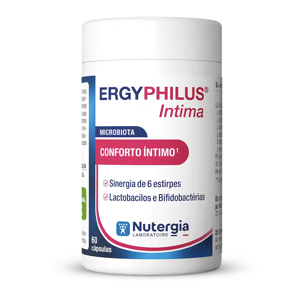 Frasco branco de ERGYPHILUS® Intima da Nutergia, com tampa branca e rótulo branco, rosa e azul, em apresentação de 60 cápsulas.