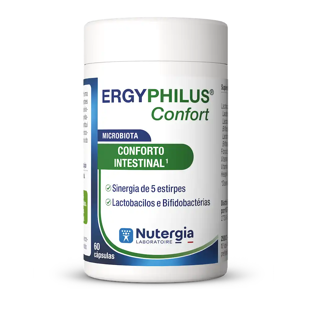 Frasco branco com textos a verde ErgyPhilus Confort da Nutergia.