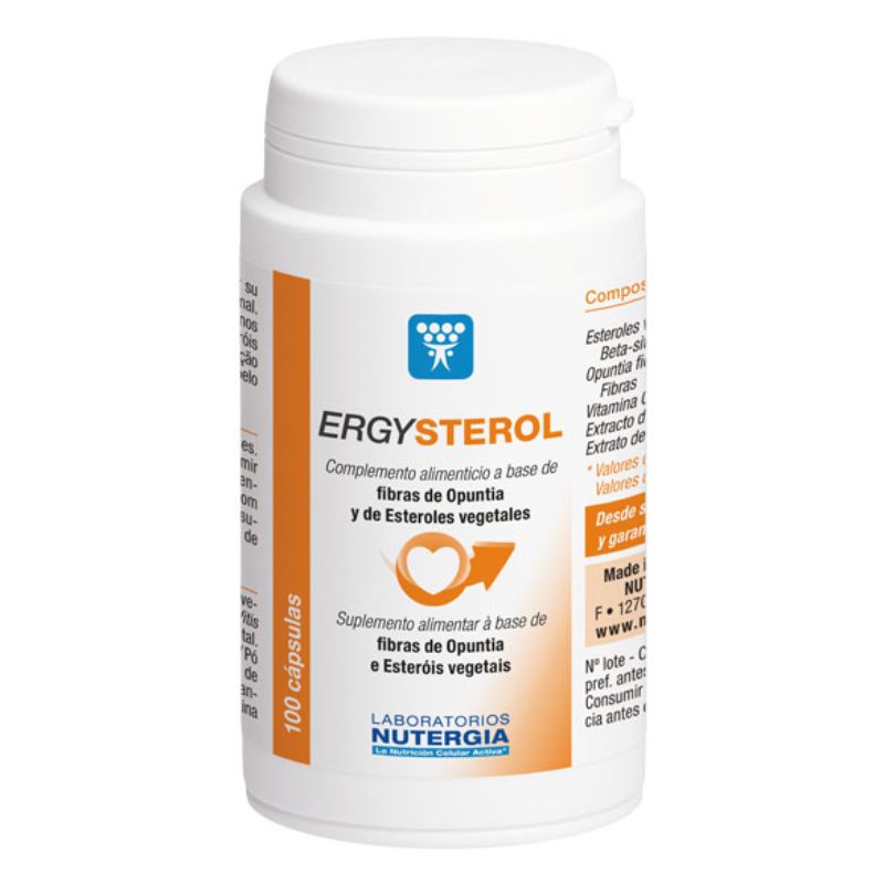 Boião branco de ERGYSTEROL com tampa branca, rótulo branco com detalhes laranja e indicação de 100 cápsulas.