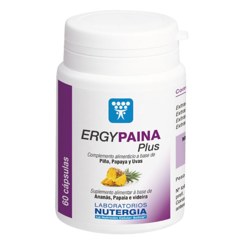 Frasco branco de ERGYPAINA Plus Nutergia, com 60 cápsulas, rótulo branco e roxo e imagens de ananás e papaia.