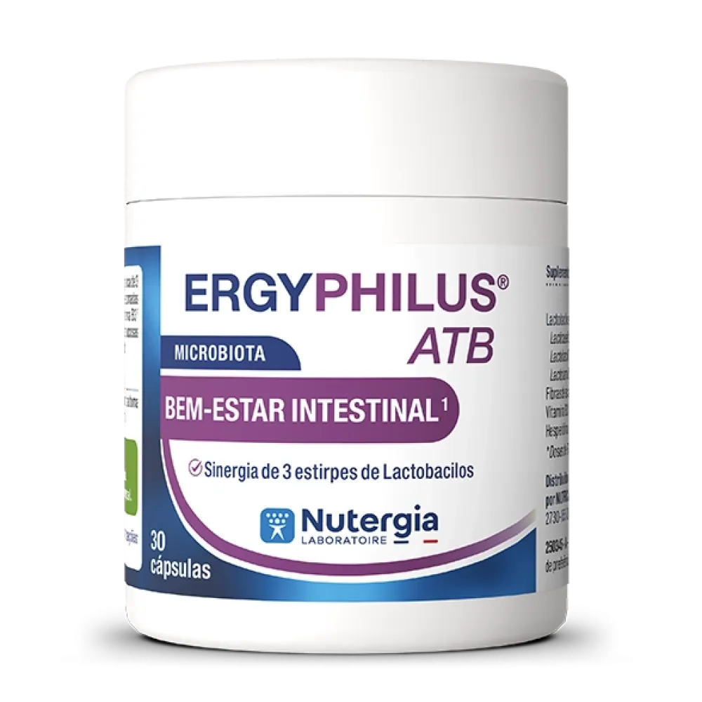 Frasco banco com texto azule roxo do produto ErgyPhilus ATB da Nutergia