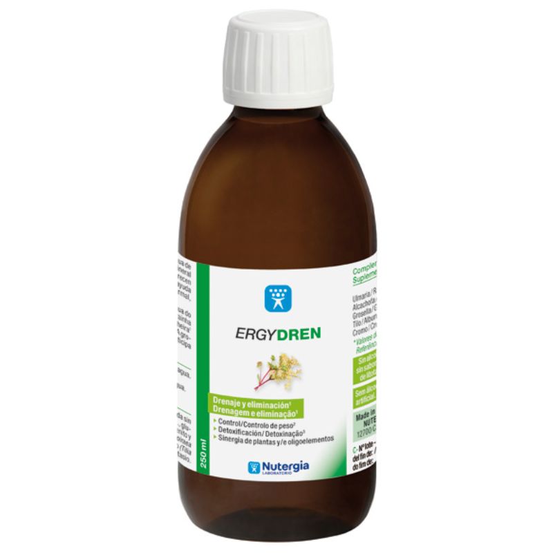 Frasco âmbar de ERGYDREN Nutergia 250 ml, com tampa branca e rótulo branco e verde.