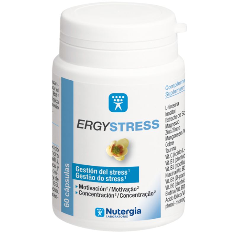 Boião branco de plástico ERGYSTRESS Nutergia, com tampa branca, rótulo azul e branco e indicação de 60 cápsulas.