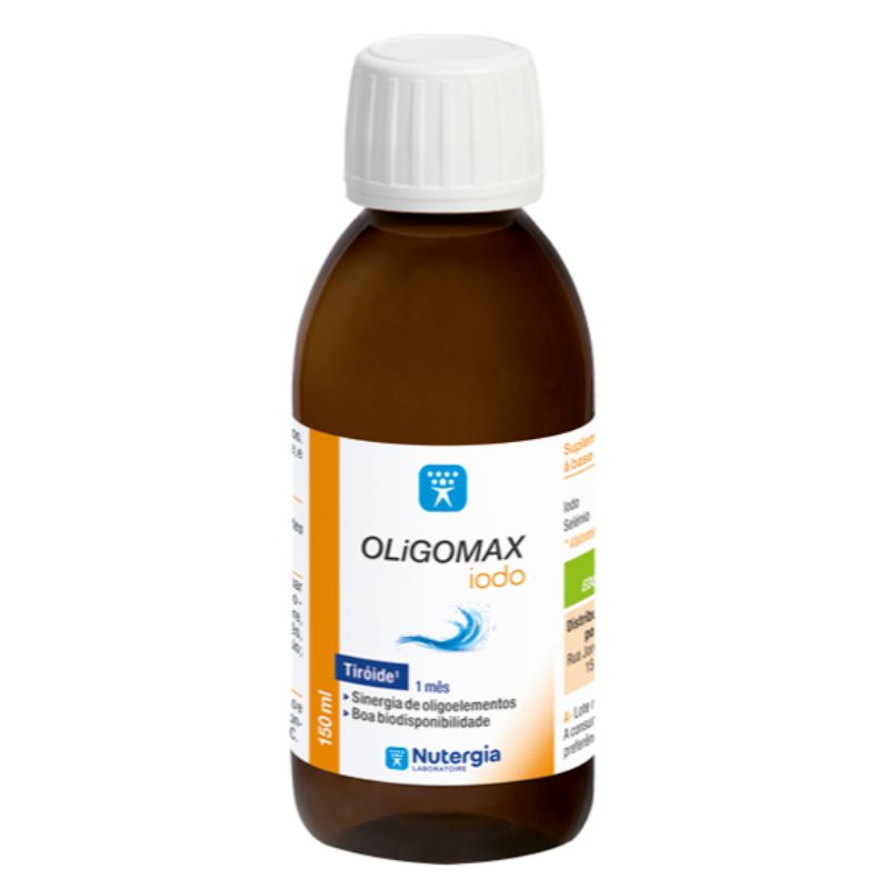 Frasco castanho de 150 ml de OLiGOMAX Iodo, com tampa branca e rótulo branco e laranja.