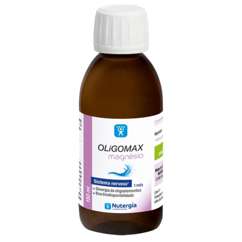 Frasco castanho de 150 ml de OliGOMAX Magnésio, com tampa branca e rótulo branco, lilás e verde.