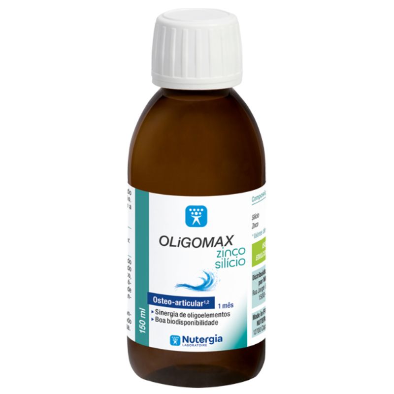 Frasco de vidro castanho OLiGOMAX Zinco-Silício Nutergia de 150 ml, com tampa branca e rótulo branco, azul e turquesa.